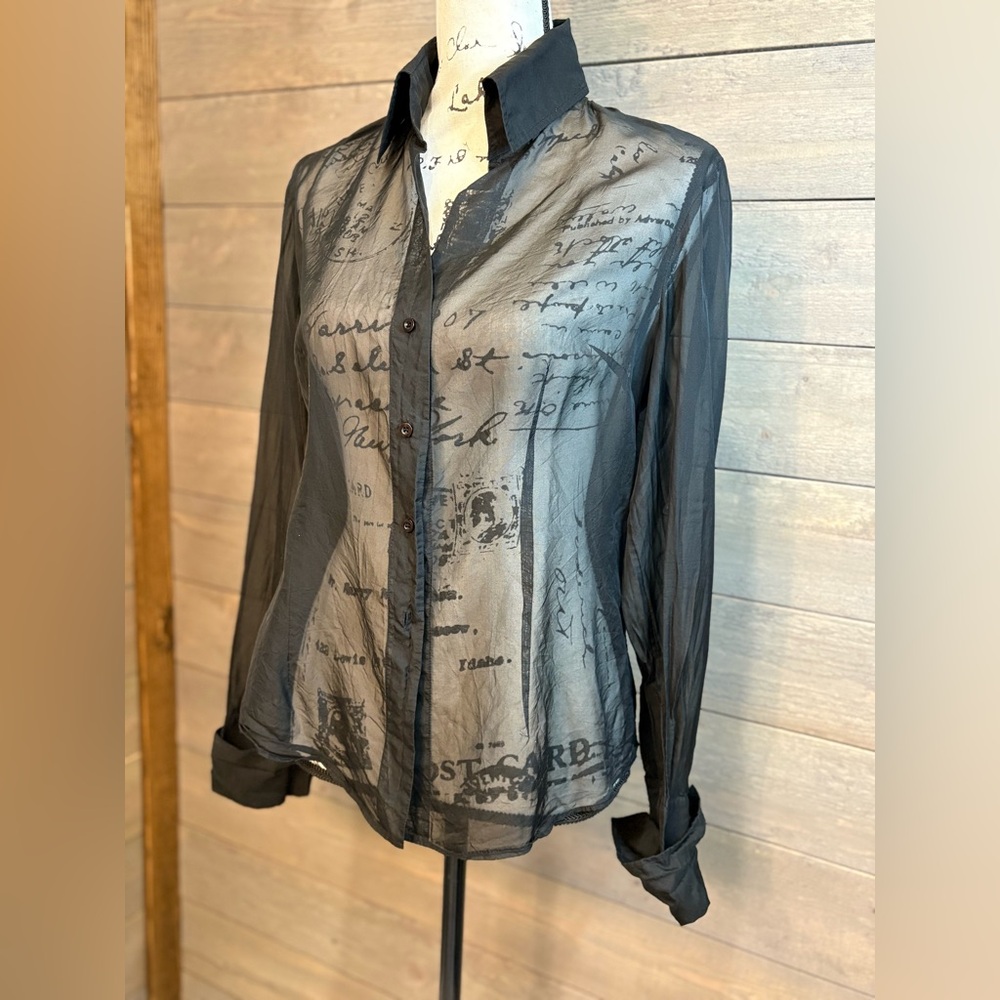 INC International Concepts Sheer Black Blouse M Button Down Long Sleeve